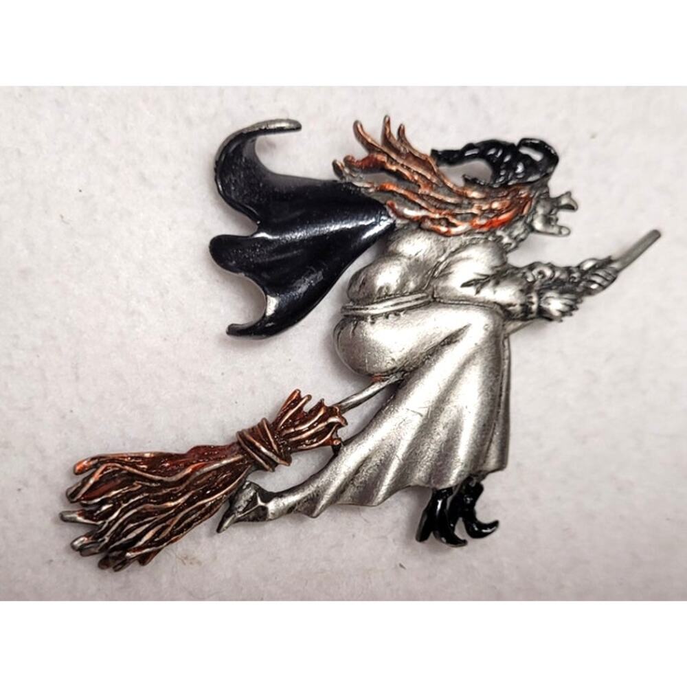 Vintage Signed JJ Flying Witch Broomstick Halloween Costume Jewelry Brooch Pin - Picture 5 of 6